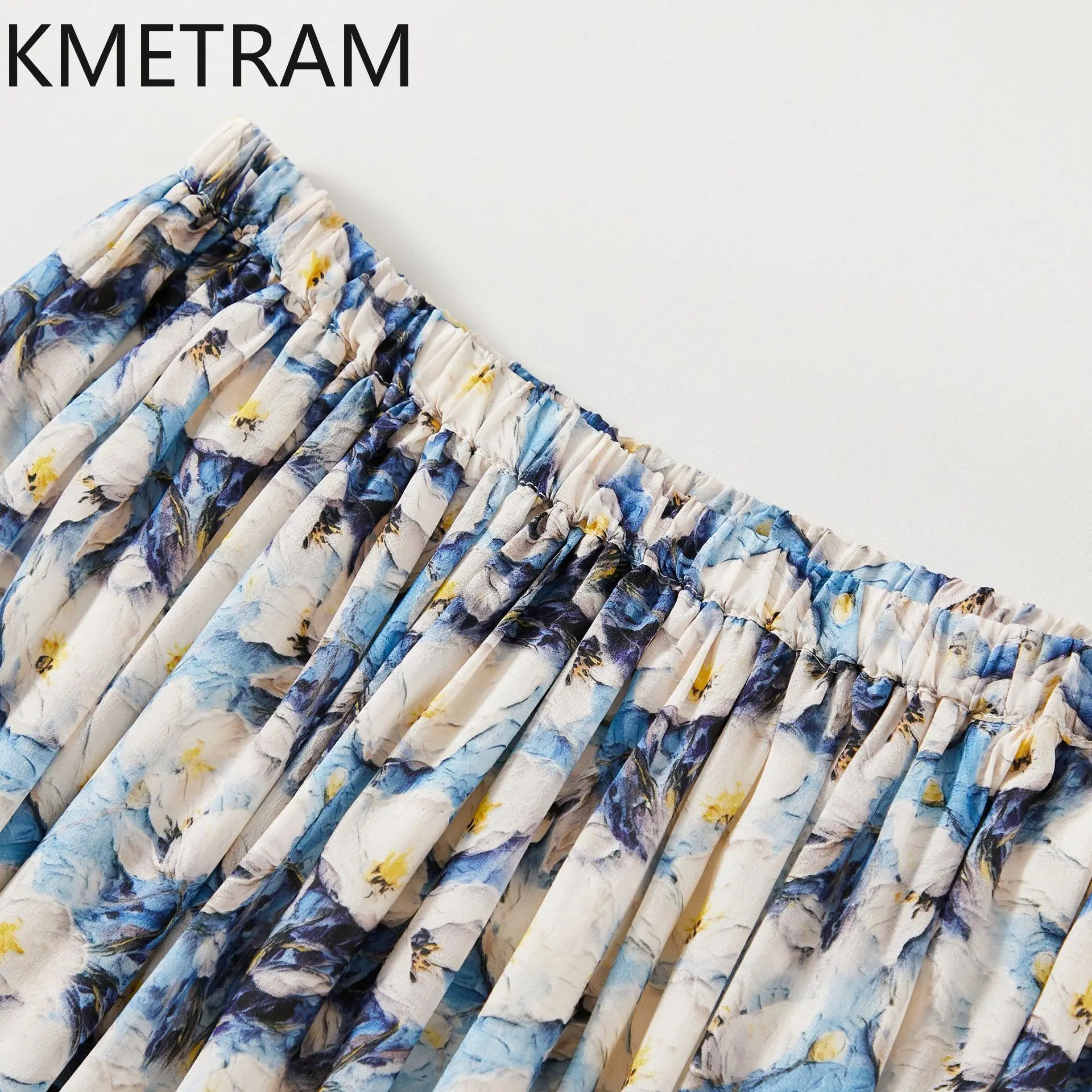 KMETRAM 100% Mulberry Silk Women's Skirts Jasmine Floral Print Long Skirt Casual Summer Beach Skirts 2026 Woman Clothes cutecore