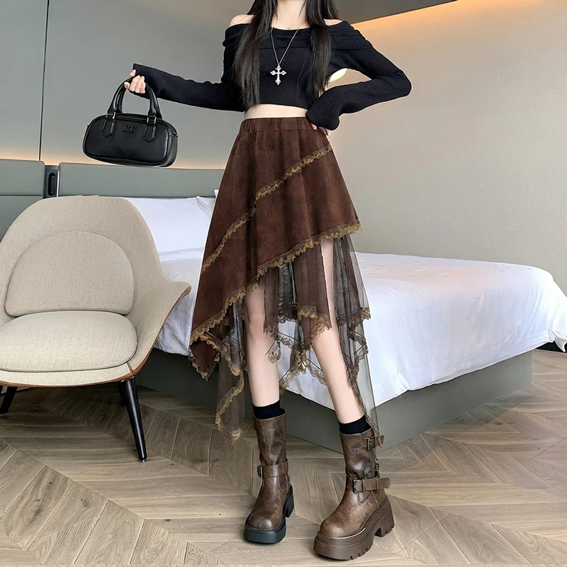 2026 Vintage Fluffy Patchwork Skirt Women's New Autumn/Winter High Waist Asymmetrical Maxi A-Line Cake Skirts Woman