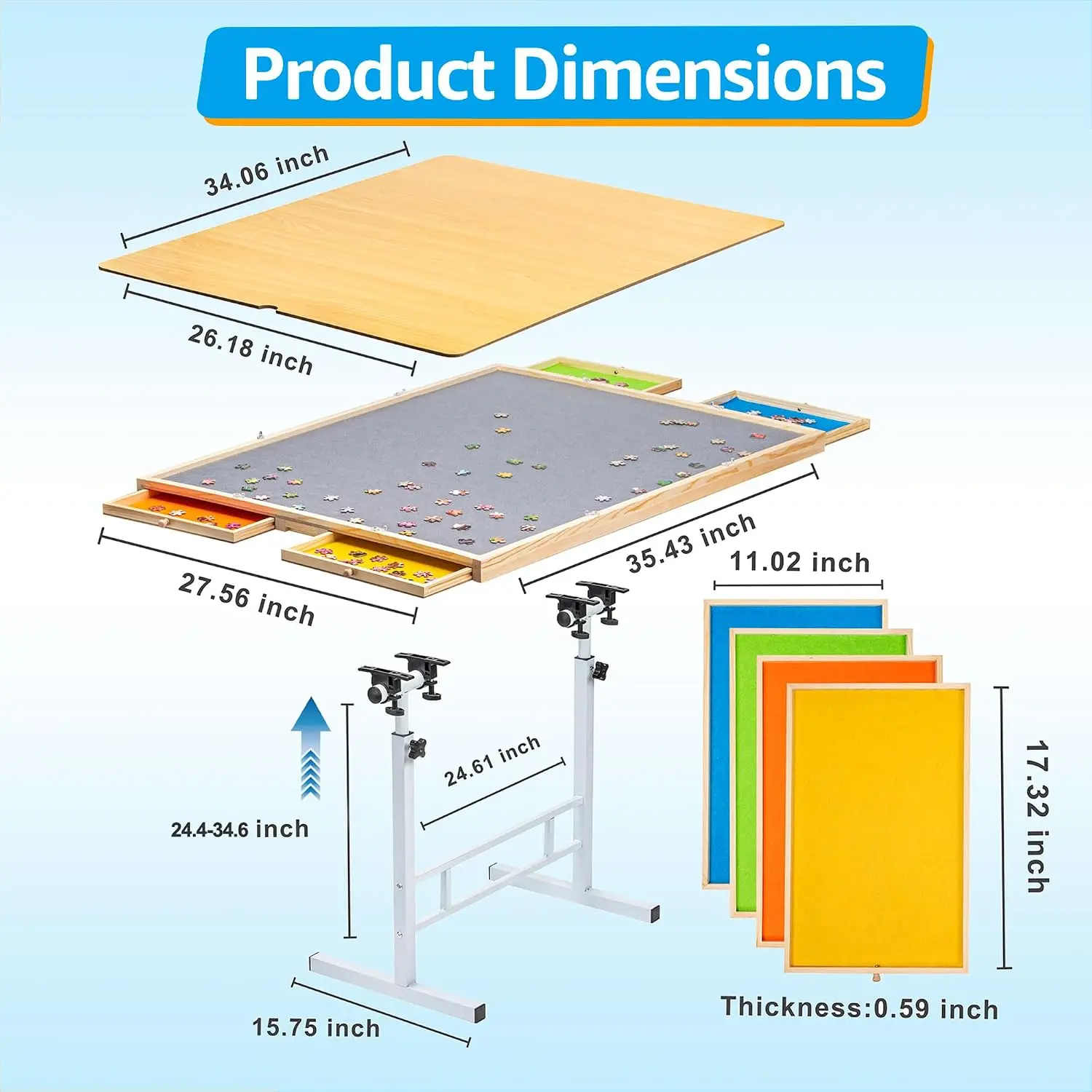 Adjustable Puzzle Table with Drawers & Wooden Cover, 1500 Pieces | 35 x 26 in Jigsaw Board with Legs, 24.4-34.6 in Height, Tilti - view 3