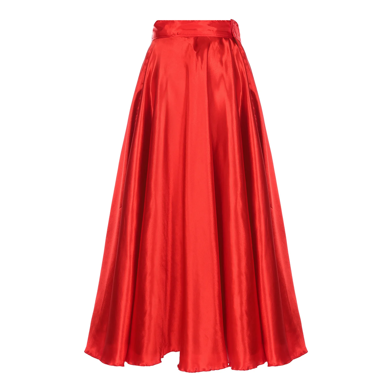 Womens 360-Degree Spanish Flamenco Swing Skirt High Waist Satin Glossy Wide Hemline Ruffled Skirt for Dance Performance