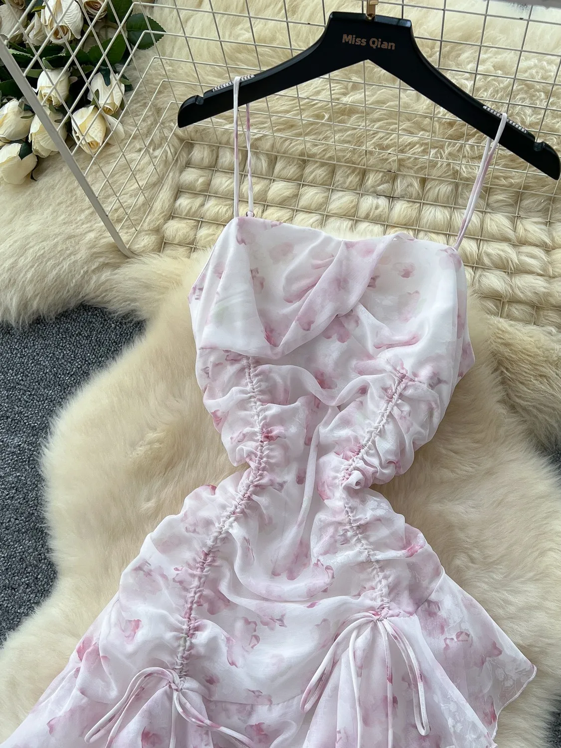 Vestido de Verano con Diseño de Cintura Fruncida y Tirantes, Falda de Vacaciones para Mujer, Dobladillo de Encaje Floral Asim...