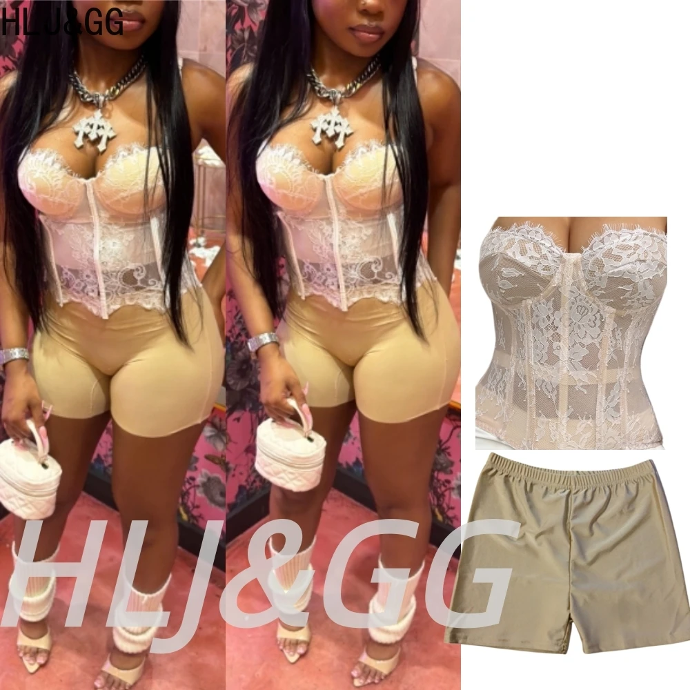 

HLJ&GG Sexy Lace Splicing See Though Print Two Piece Sets Women Off Shoulder Slim Corset + Shorts Outfits Y2K Fashion Streetwear