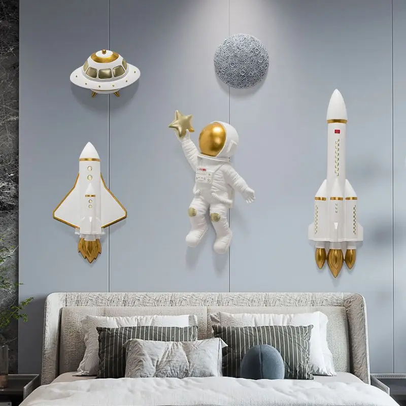 Nordic Rocket Spaceship UFO Aircraft Star Astronaut Resin Wall Hanging Children's Room Bedside Space Astronaut Wall Decoration