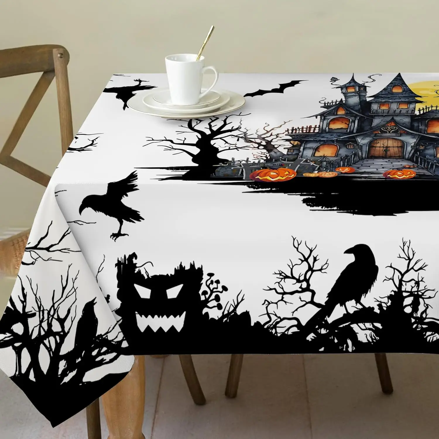 Halloween Black Crows Castle Rectangle Tablecloth Holiday Party Decor Reusable Waterproof Tablecloth Halloween Decorations