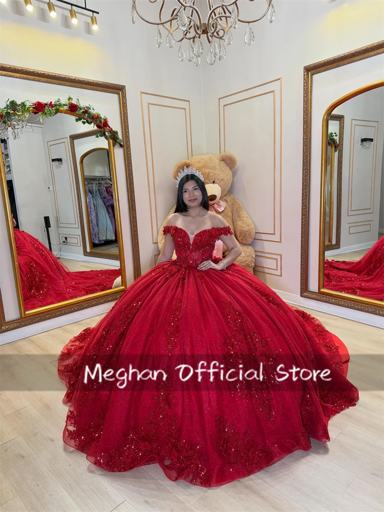 Customized Shiny Red Quinceanera Dress Ball Gown Princess Lace Applique Crystal Beaded Sweet 16 Vestidos 15 Anos