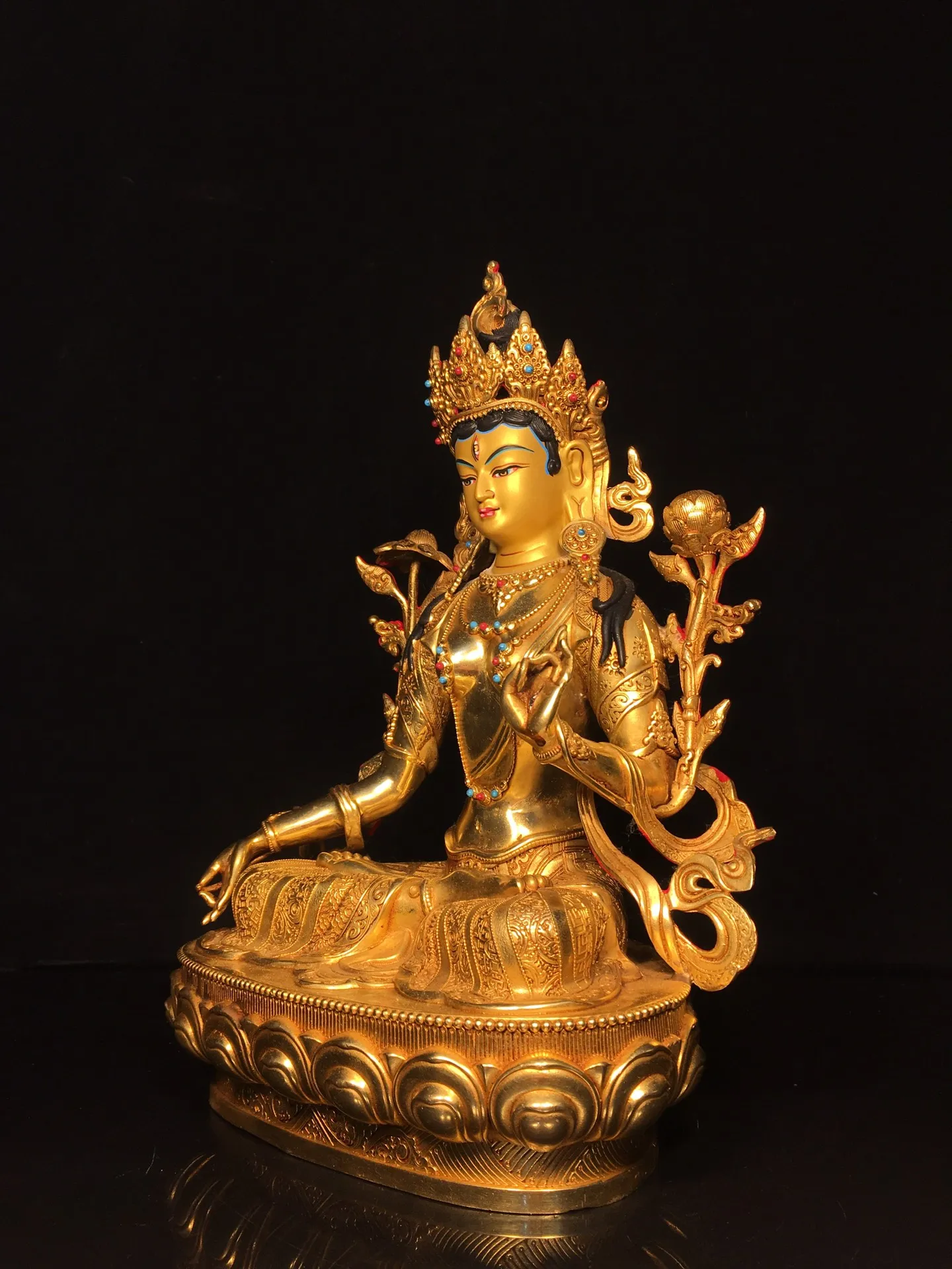 

13"Old Nepalese temples Old Bronze Gilded Painted Face Mosaic Gem White Tara Sitting Buddha Lotus Platform Worship Hall