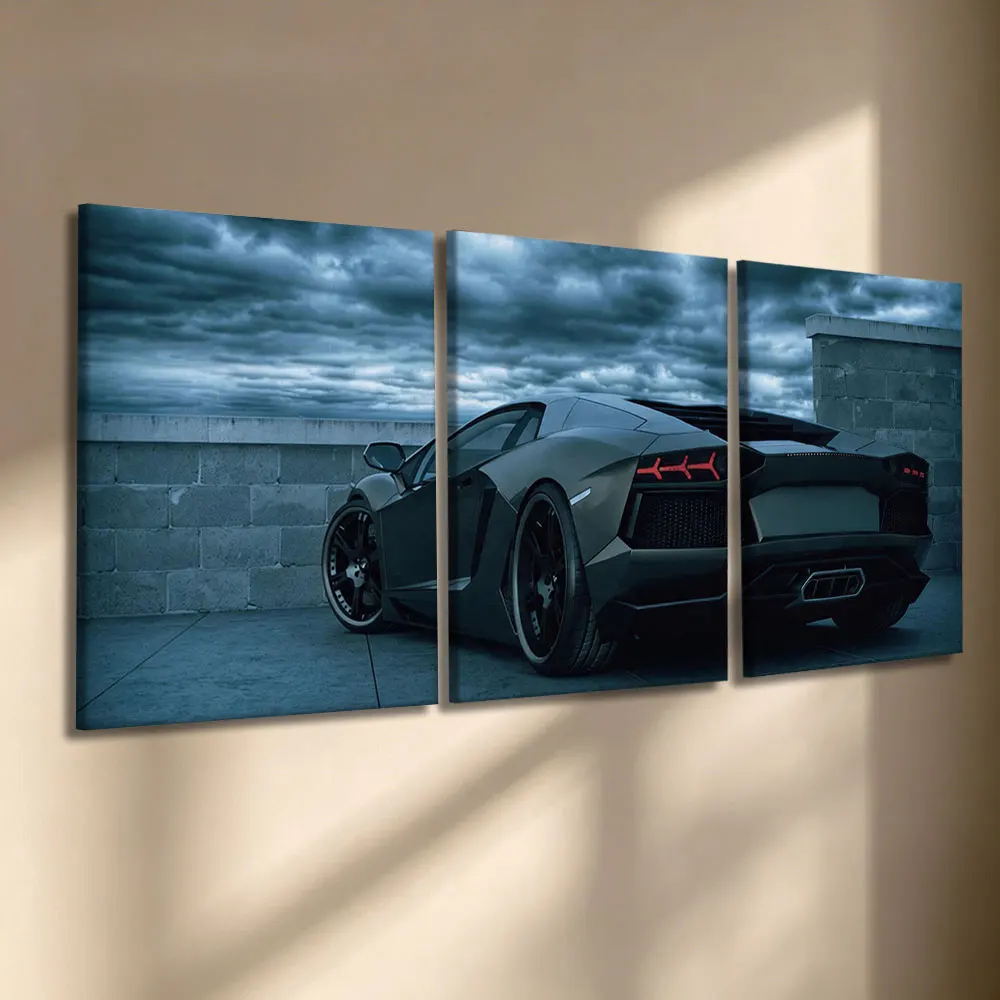 3 Panels Stretched Canvas 12″×16″ Ready To Hang, Matte Dark Gray Supercar Rear View Living Room Bedroom Wall Art Home Decor