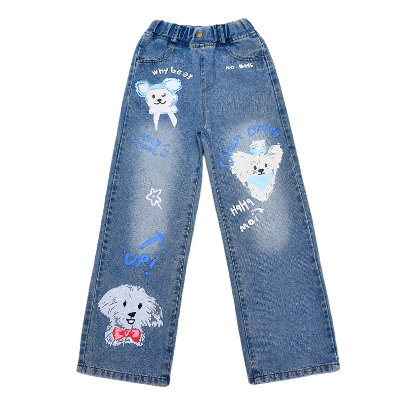 Jeans for Girls 2024 New Fashion Cartoon Printed Long Denim Trousers Teens Kids Cute Dog Pattern Wide Leg Pants 5 7 9 11 13 14Y