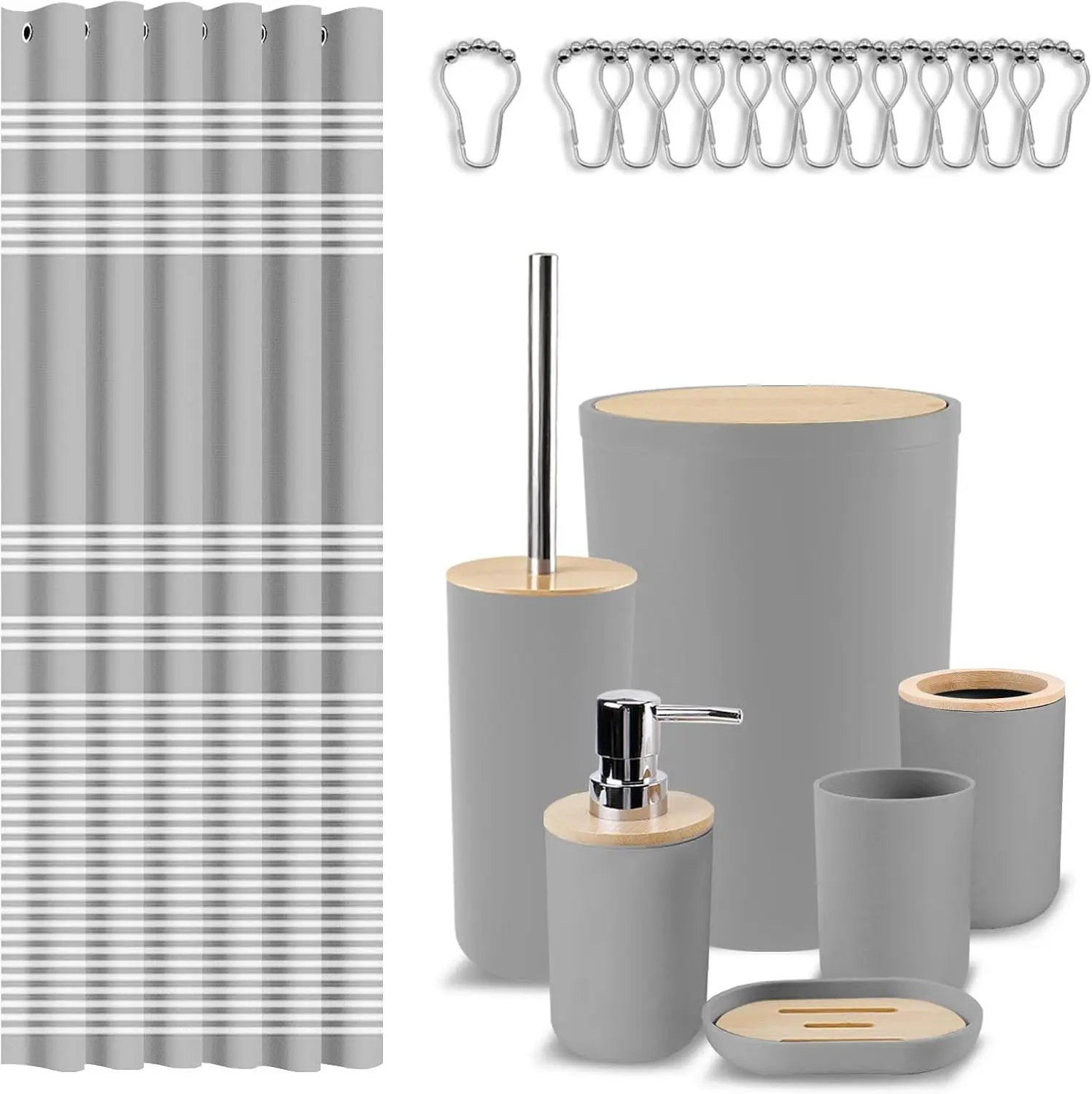 

Grey Bathroom Accessories Set 19 Pcs with Waterproof Shower Curtain, Trash Can, Soap Dispenser, Toilet Brush, Toothbrush Holder