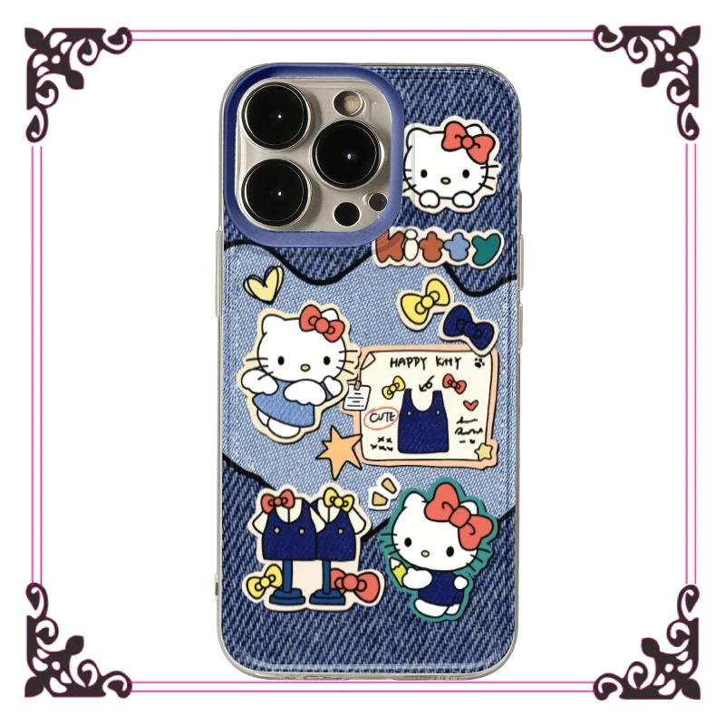 

Kawaii Sanrio Hello Kitty Retro Denim IPhone Case IPhone 16 15 14 12 13 11 Pro Max Creative Drop Resistant Silicone Phone Case