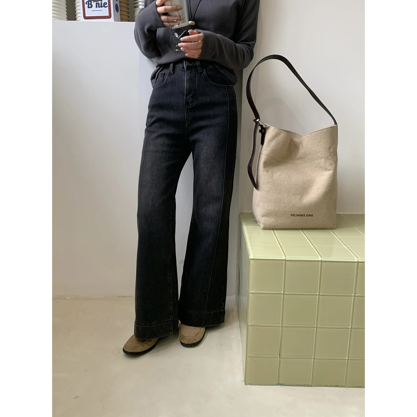 

OONA ey Fce Lined Straight Leg Jeans Women's Autumn Winter Wide Leg Pants High Waist Cotton Denim Trousers for ort Women