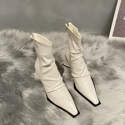 Autumn and winter new pointed toe slim back zipper bootie women's block heel versatile folded high heel fashion pile boots