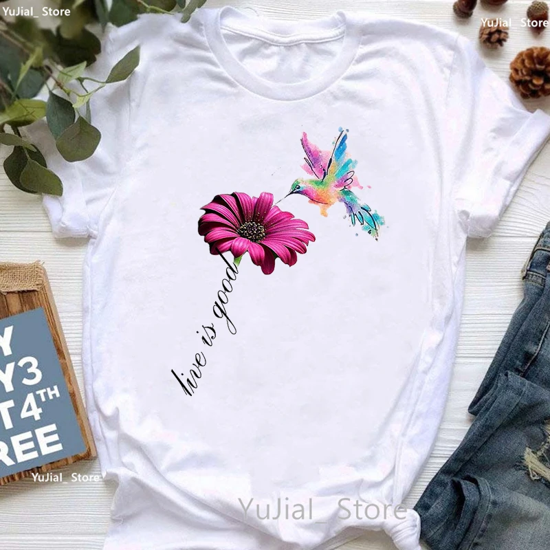 

Watercolor Bird Live Is Good Graphic Print Tshirt Women'S Clothing Flowers Anchor With Shark Cat T-Shirt Femme Summer Tops Tee