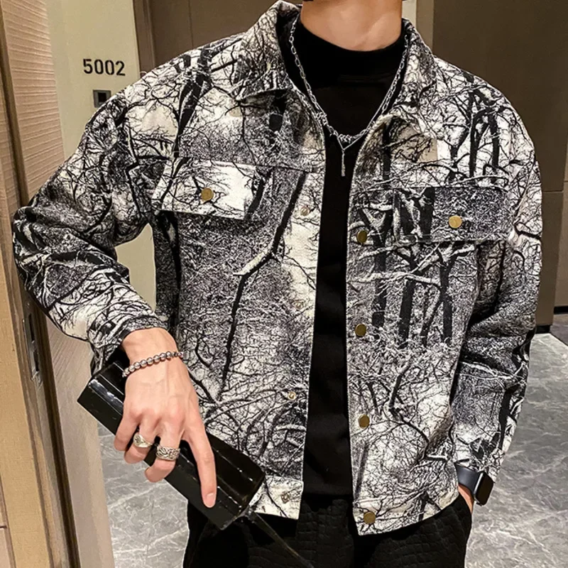 

Botanical Branch Print Jacket Coats Print Denim Overalls Baseball Jacket Hip Hop Streetwear Stitch Stage DJ Club Bomber Jacket