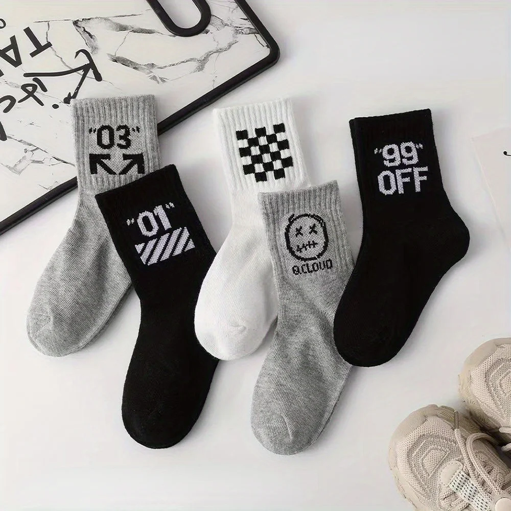5 Pairs Checker Number Smiley Crew Socks 5 Pack Black White Gray Cotton Unisex Hip Hop Streetwear Mid Calf Hosiery