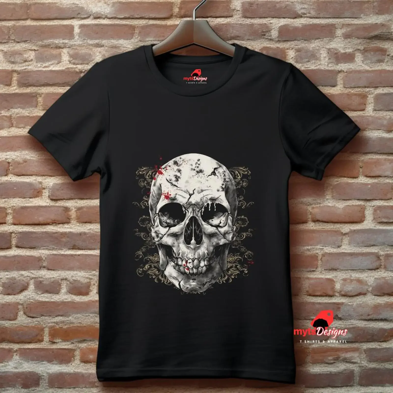 Traditional Gothic Skull T Shirt Blood Spatter Vintage Tattoo Best Sellers by MytsDesigns vintage Washed streetwear Unisex