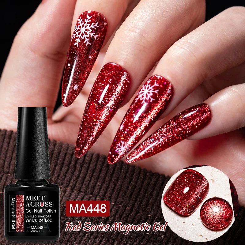 MEET ACROSS 7ml Série Vermelha Gato Gel Magnético Unha Polonês Festival de Natal Ano Novo UV Gel Nail Art Verniz Manicure Para Unhas