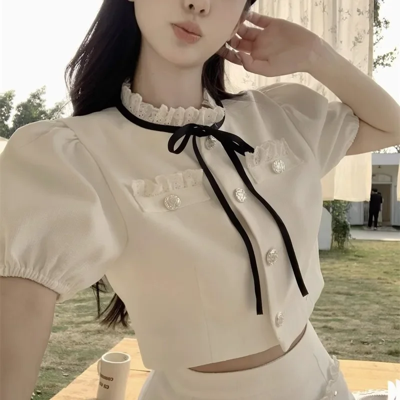 French Temperament Bubble Sleeve Shirt Skirt Two-piece Set Women Korean O-Neck Splice Celebrity Lace Up Solid Slim Summer