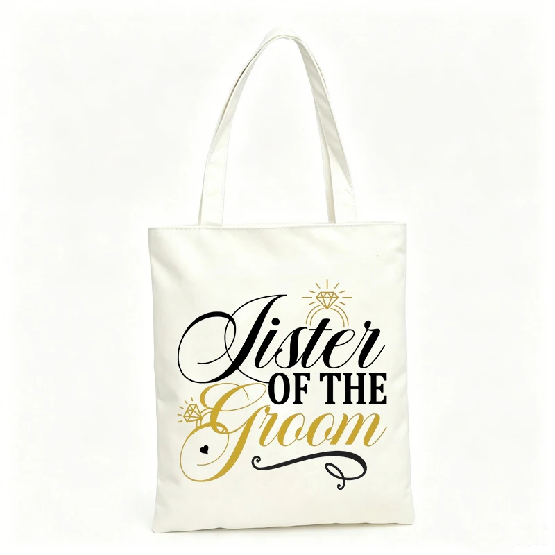 Sister of the Groom letter print canvas tote bag, ideal for wedding events and bridal showers