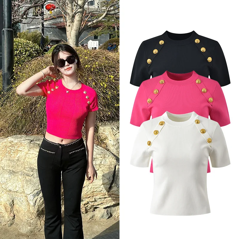 

Лето 2024, круглая футболка Ne ort Sve, облегающая футболка для поездок на работу, универсальный металлический Bule ort Length, модный топ для похудения