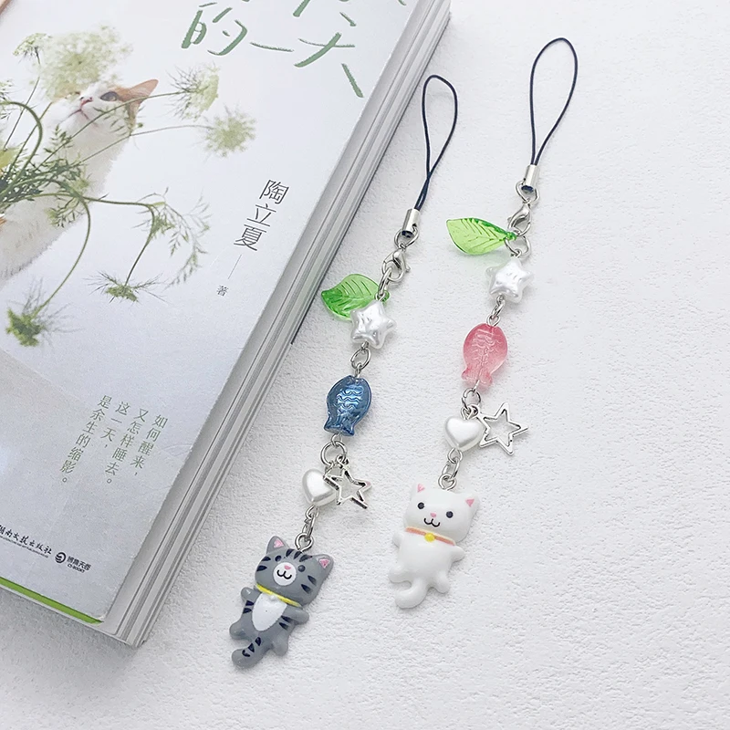 Y2K Cute Kitten Phone Lanyard Fresh Sweet Beaded Mobile Phone Chain Cellphone Charms For Girls Keychain Camera Pendant