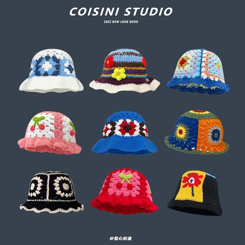 2024 flor crochê balde chapéu feminino verão artesanal malha gorros ins y2k moda coreana panamá boné