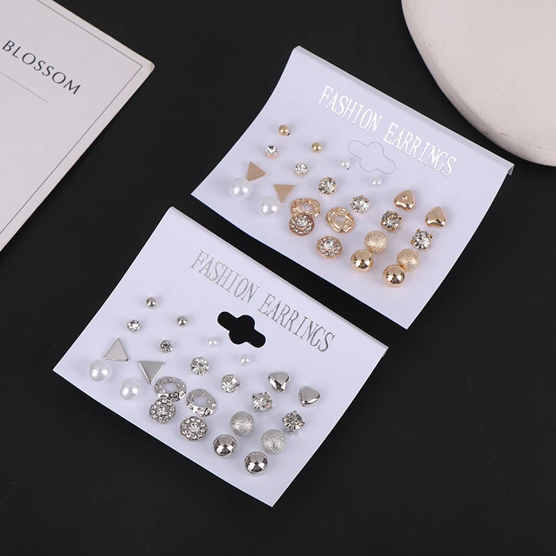 12 Pairs/set Of Stud Earrings Pearl Zircon Card One Week Stud Earrings Simple Design Stud Earrings