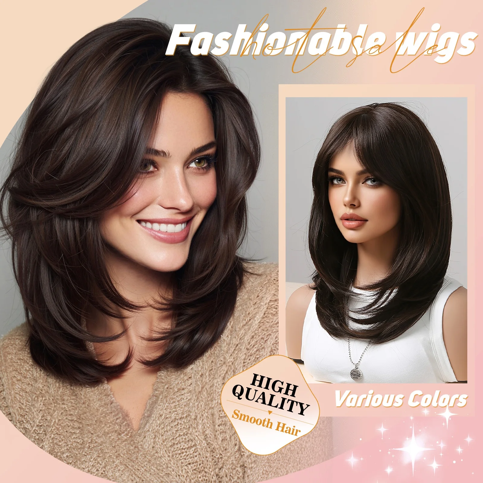 

Dark Brown Layered Synthetic Wig with Bangs, 16 Inch Medium Length Straight Wig, Heat Resistant Hair for Women Daily Party