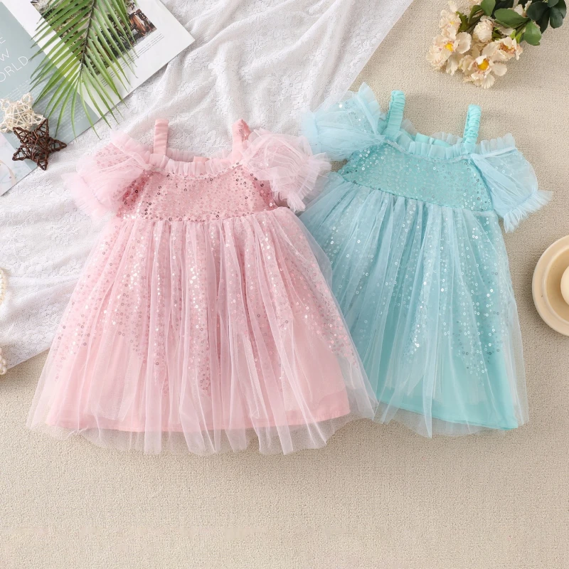 

Girls' Short-sleeved Dress Summer Girls' Short-sleeved Sequined Floral Children's Mesh Dress Flower Girl Dresses