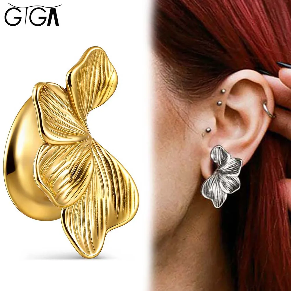 Image of Giga 2er-Set Edelstahl Unregelmäßige Blumen-Ohrstulpen Tunnel Plugs Gauges Stretcher Expander Körperpiercing Schmuck Ohrringe