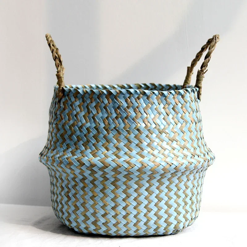 Home Cestas Mimbre Striped Wicker Storage Baskets Laundry Basket Handmade Collapsible Straw Patchwork Seagrass Osier Panier