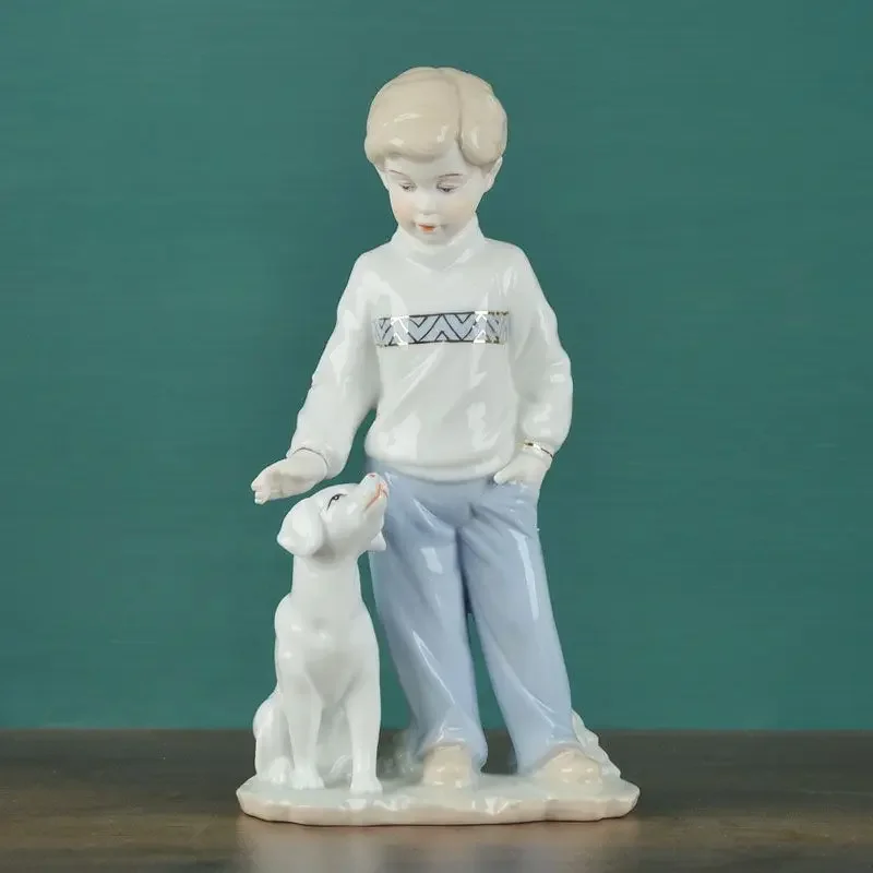 Figura Porcelana Niño y Perro, Adorno de Cerámica, Figura Decorativa de Porcelana una Niña con Gatitos