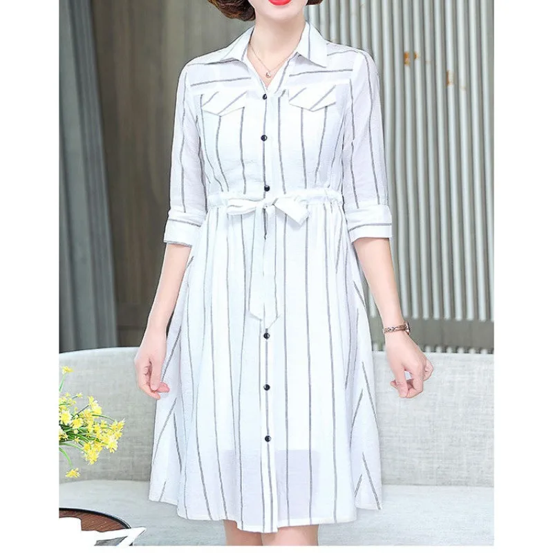 2024 Summer New Women's Fashion Commute Square Neck Spliced Striped Shirring Drawstring Button Half Sleeve Slim Fit A-line Dress image 2