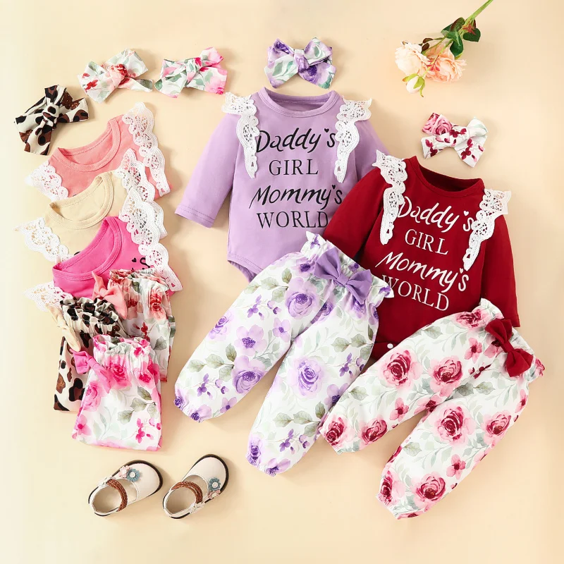 

Newborn Baby Girls Outfits Suit Princess Kids Lace Long-sleeved Letters Romper Bow Foral Trousers Headband for Children's Set