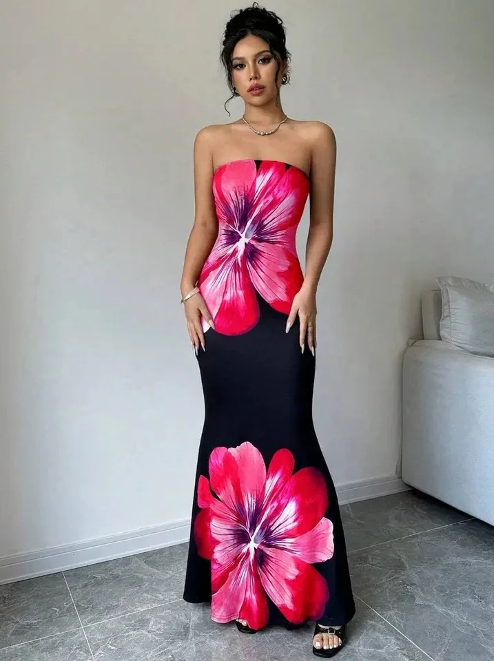 

Women's Elegant Strapless Printed Maxi Dress ，2026 Spring Summer Western Style Bodycon High Waist Women's Dress