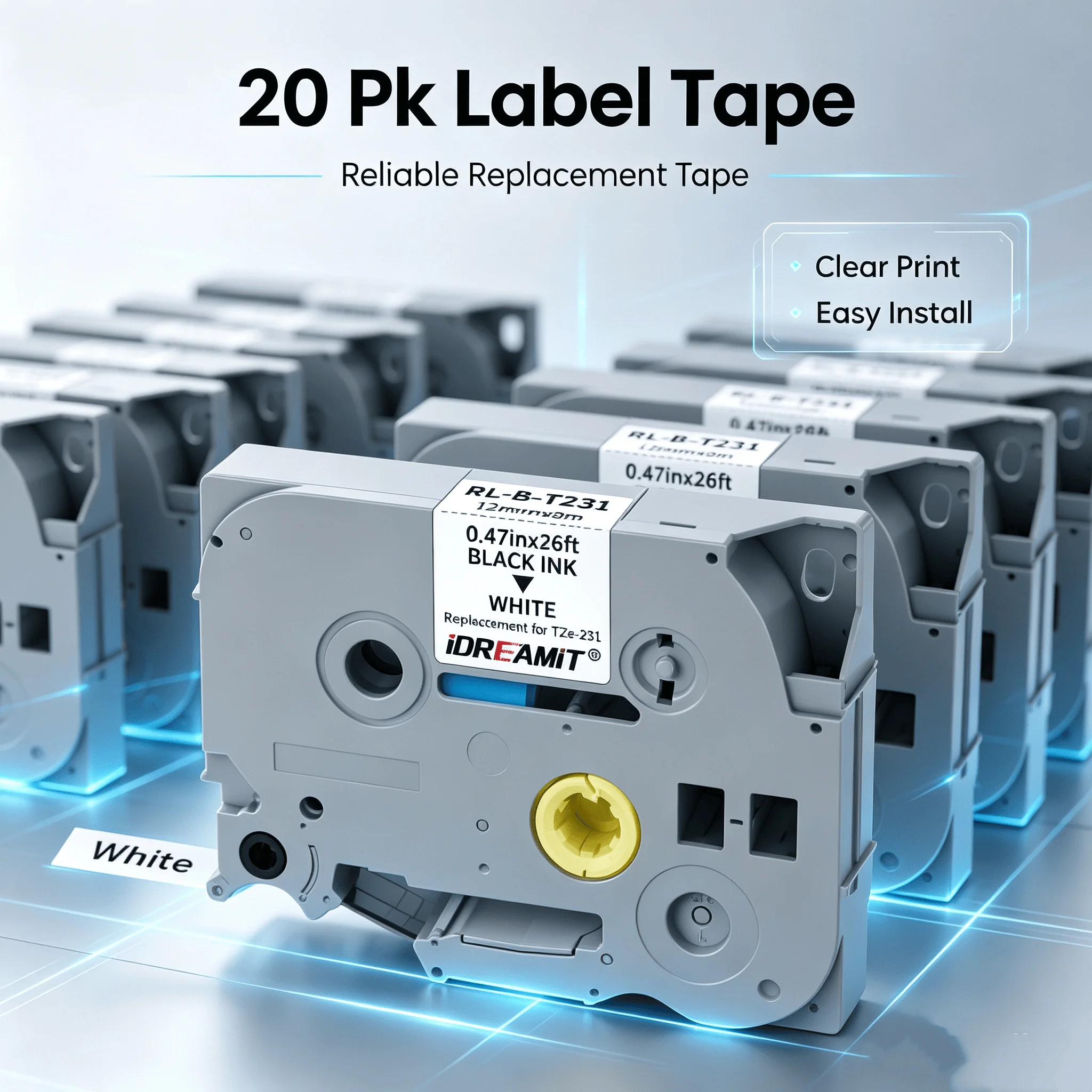20 Pack TZe231 Laminated Label Tape 12mm Black on White Waterproof Strong Adhesive Refill Cartridge Compatible with Brother P-Touch TZ231 TZ-231 for PT-D210 PT-D220 PT-H110 Label Maker Home Office Storage Marking