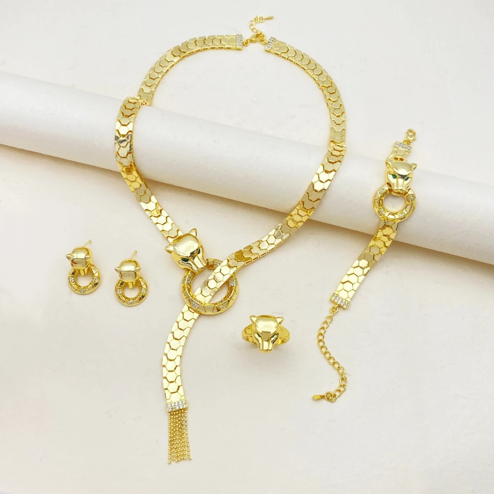 

Falair Middle East Light Luxury Gold Plated Copper Zircon Leopard Head Jewelry Set Women Banquet Necklace Earrings Ring Bracelet