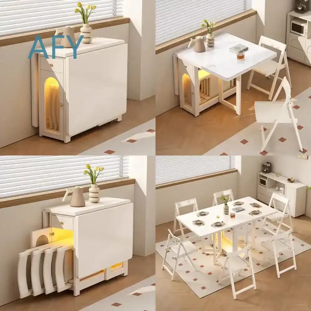 Cream Wooden Folding Dining Table and Chairs Set for Home Use Compact Rectangular Small Space Rock Slab Dining Table for