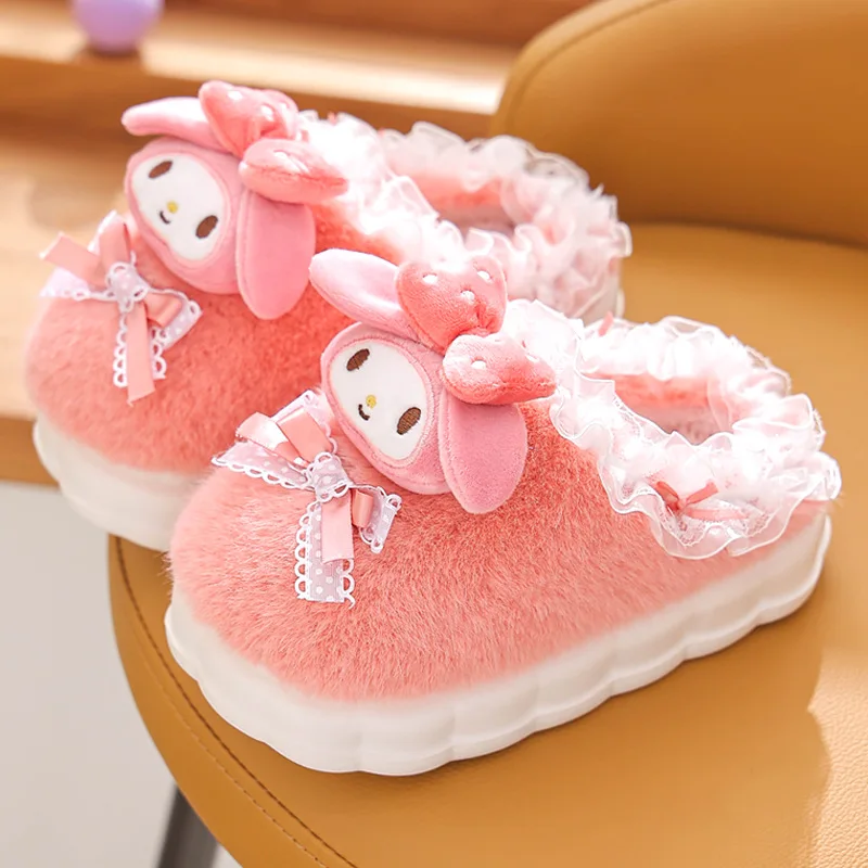 Sanrio Hello Kitty Cartoon Ladies Indoor Warm Cotton Slippers Cute Kulomie Winter Thick Bottom Non-slip Home Slippers