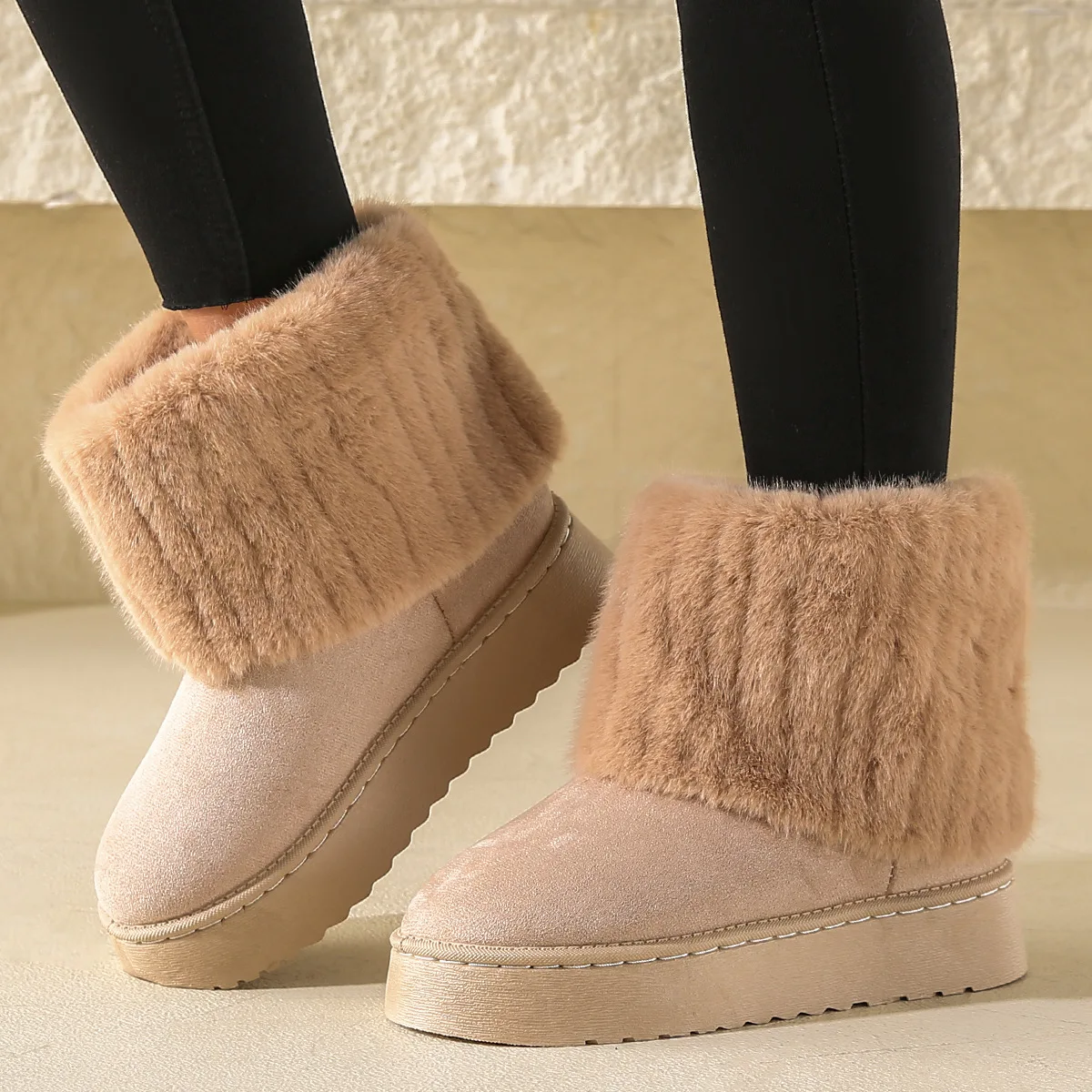 

Women Snow Boots Winter Ankle Botas Stripe Fur Plush Cotton Shoes Platform Thick-soled Non Slip Fluffy Solid Warm Footwear