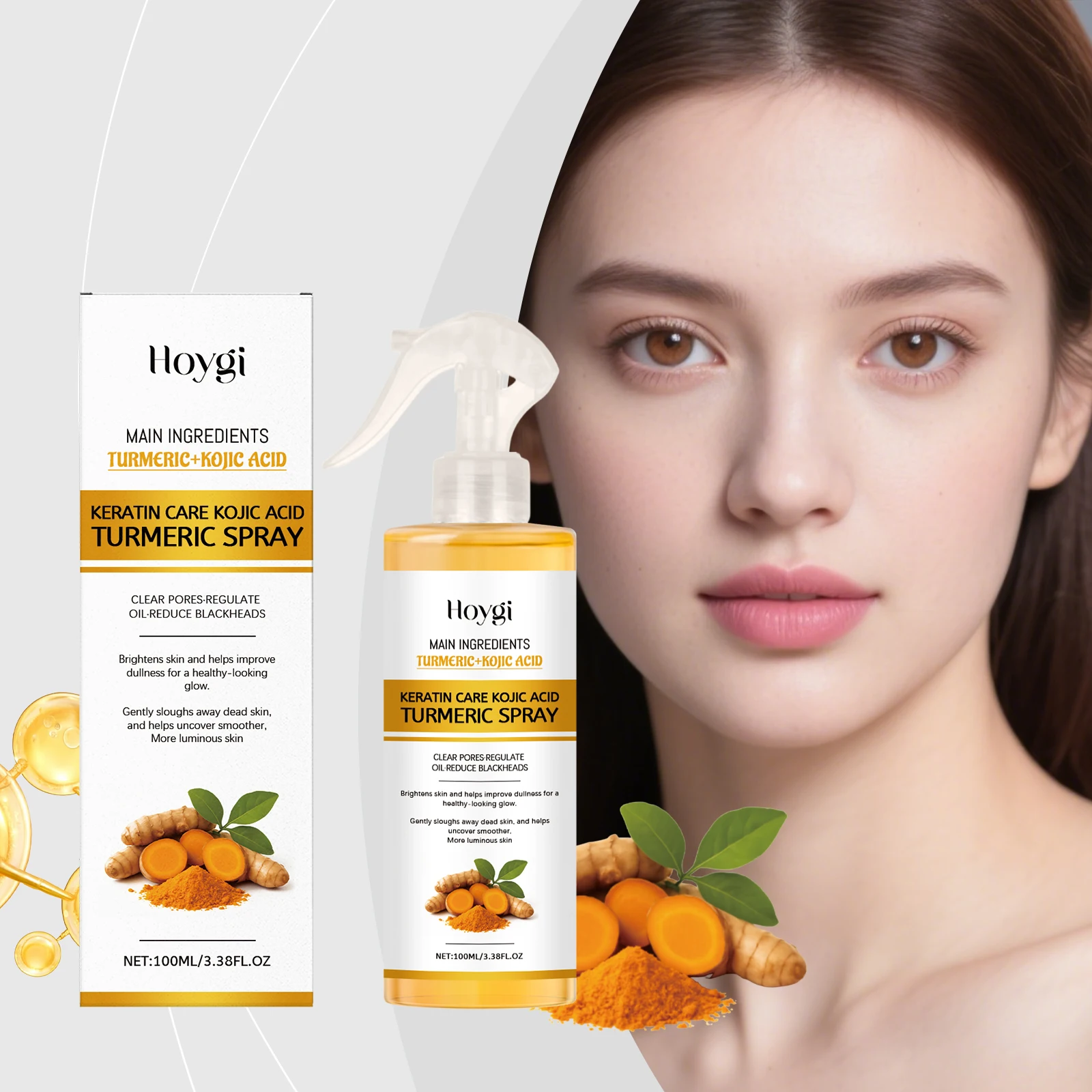 Spray viso con curcuma ed acido cogico: per pori chiari e regolamento dell'olio, sbiadisce punti neri, cura schiarente e levigante della pelle.