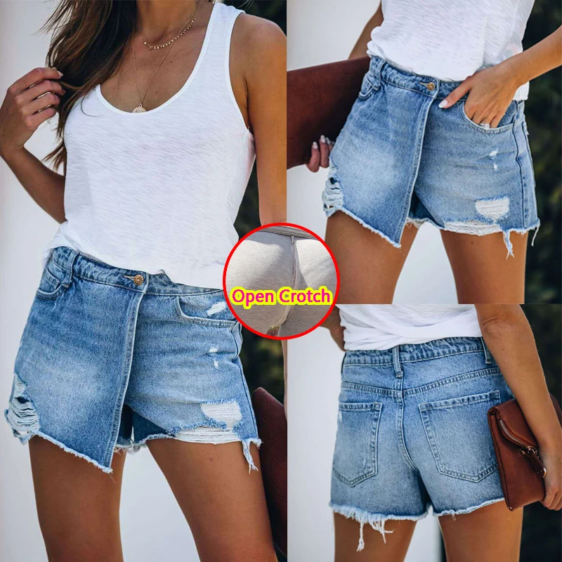 

Women Sexy Open Crotch Mini Jeans Casual Fashion Korean Style Shorts Blue Hot Pants Crotchless Clubwear Erotic Clothing Costume