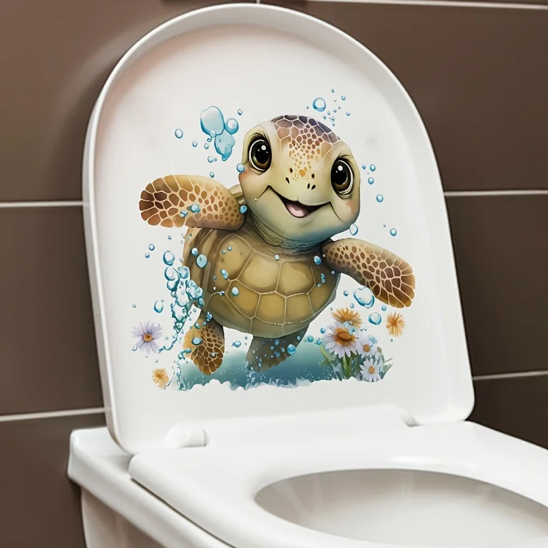 Cute Turtle Bathroom Decor - Self-Adhesive Toilet Lid Sticker, Fun Marine-Themed Wall & Door Decor Decals M1123