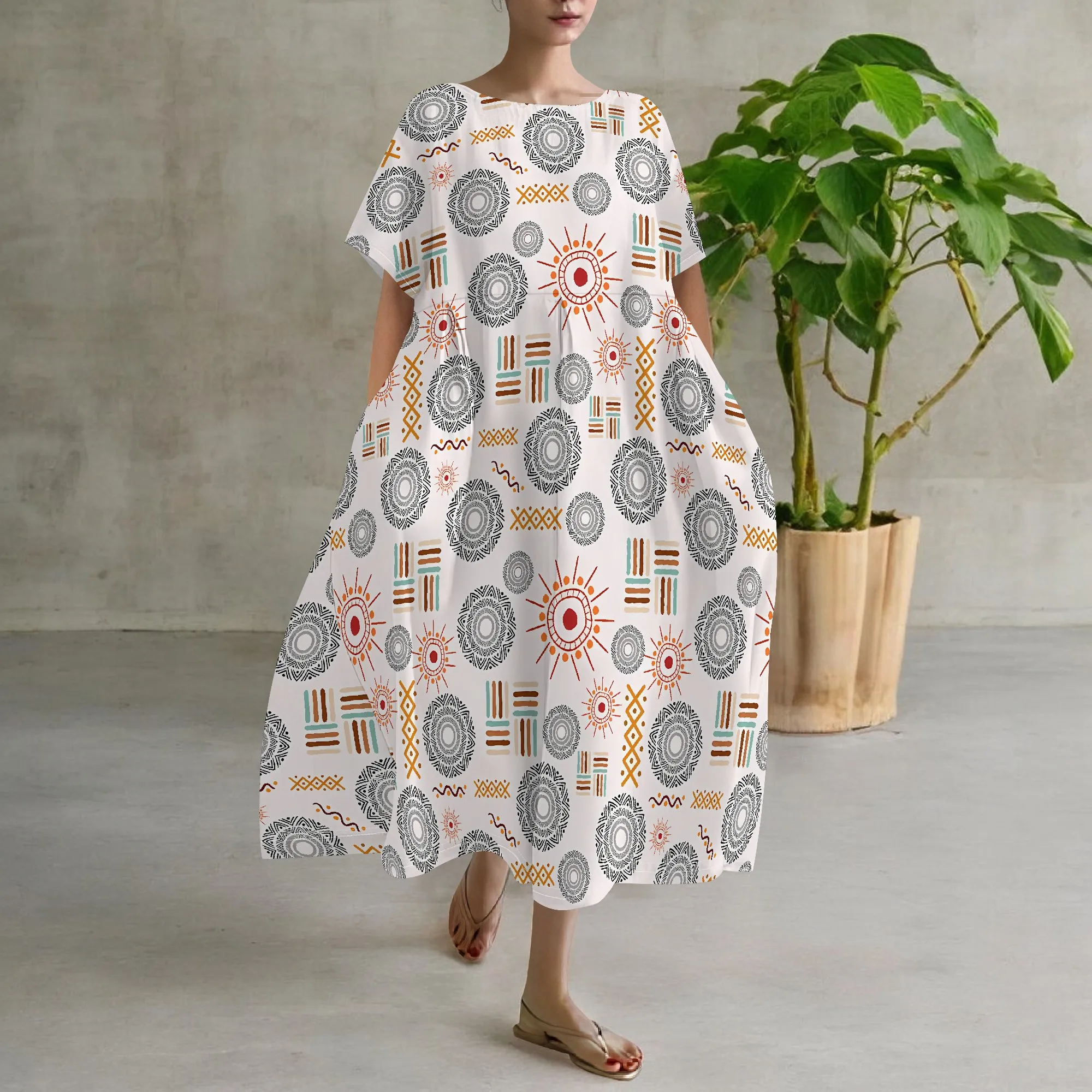 EQQZD Abito girocollo a maniche corte da donna, elegante abito casual con stampa modello stile Boho con tasche