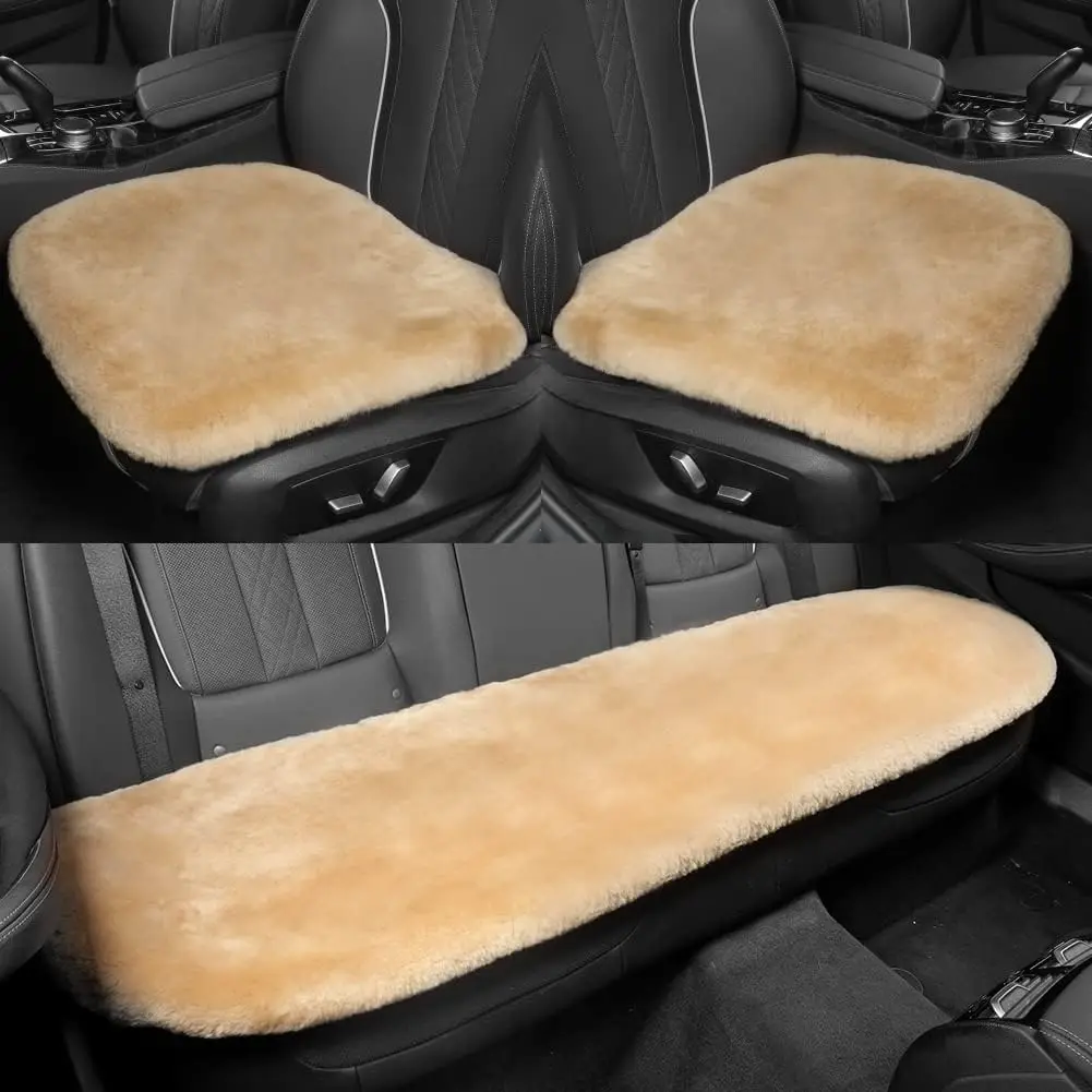 

Genuine Sheepskin Auto Seat Pad, Soft Wool Cover Breathable Sweat-Wicking Warm Universal Fit Front & Rear Cushions Khaki