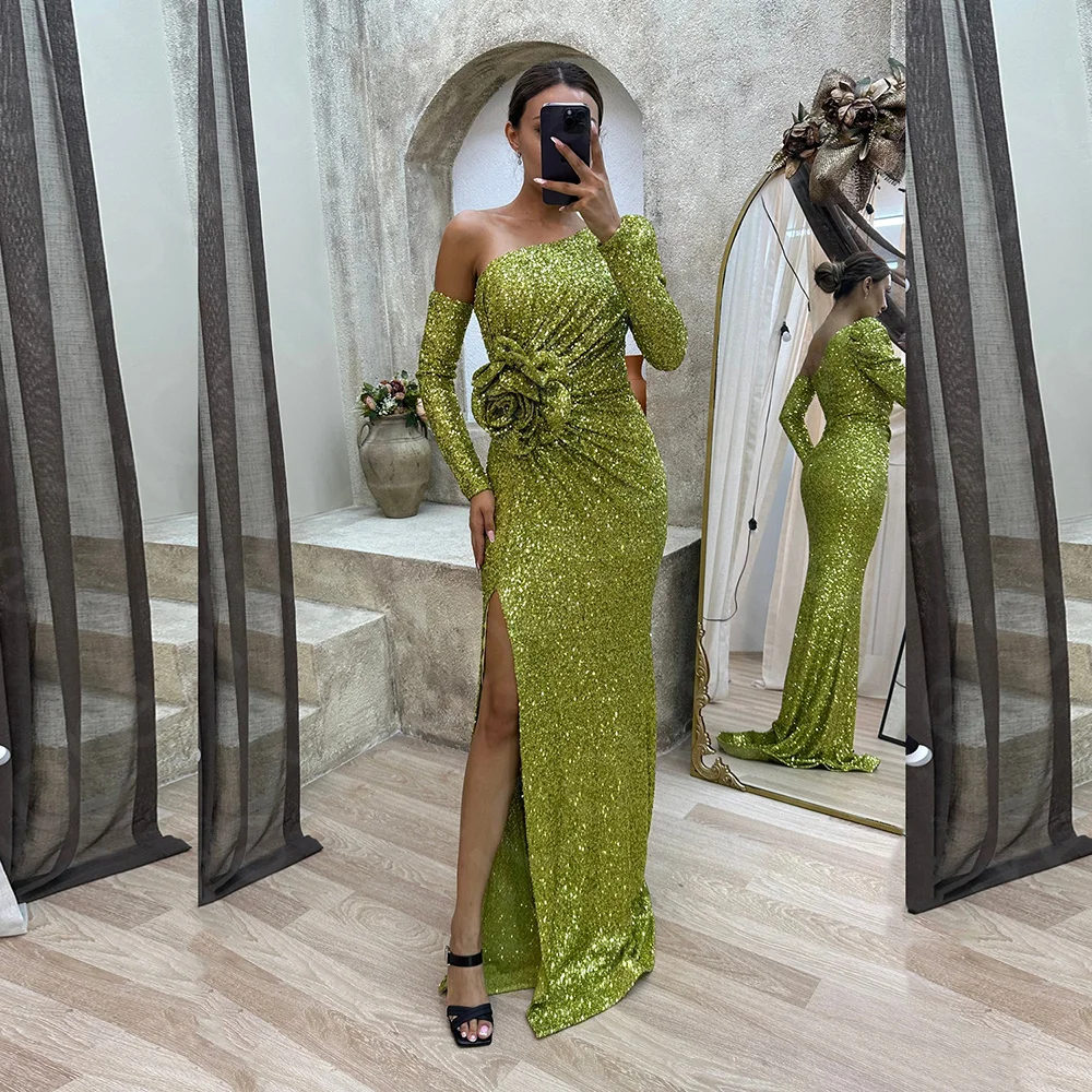 

Latest Olive Green Evening Dresses Sequined Sparkling Prom Party Dresses Long Sleeve Mermaid Wedding Guest Gowns Thigh Slit 2024