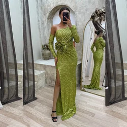 Vestidos de Noche verde oliva con lentejuelas brillantes, manga larga, sirena, invitados de boda, abertura hasta el muslo, 2024