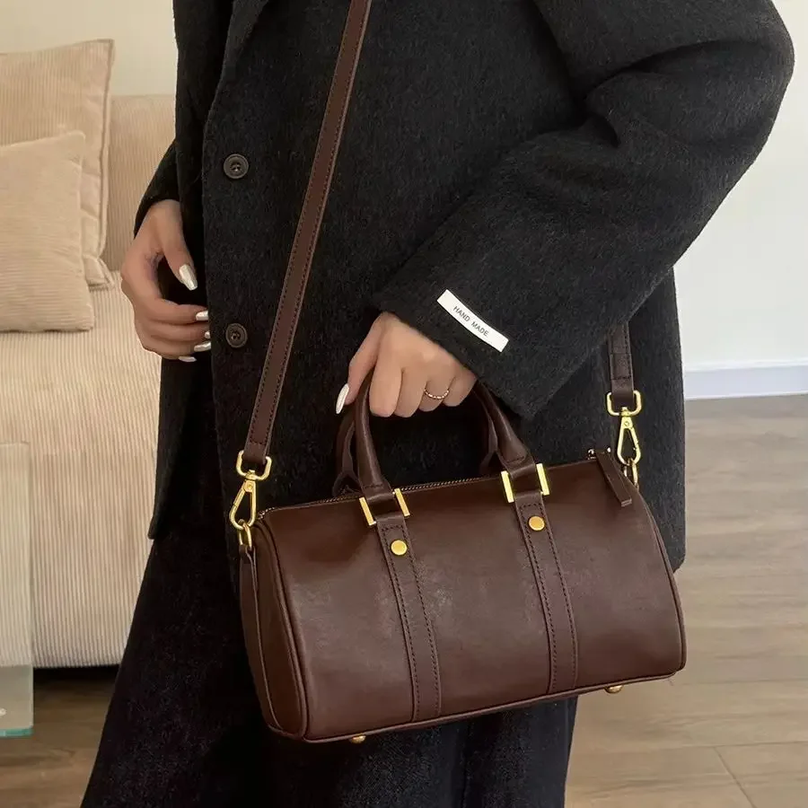 Aidrani Vintage Cowhide Barrel Bag for Women - Compact Handbag with Multi-Pockets, Versatile Single Shoulder Crossbody Purse