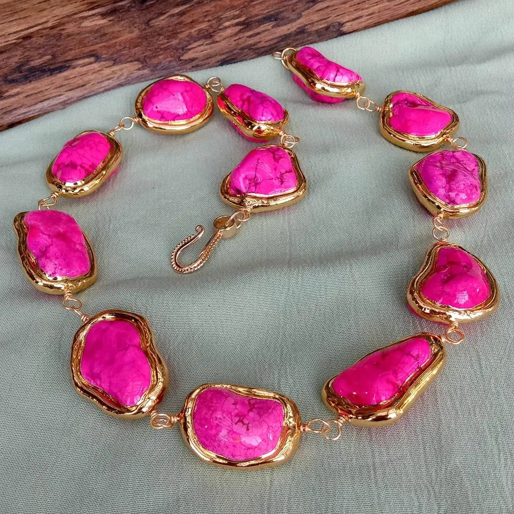 YYGEM 24x30mm Pink Color Turquoise Freeform Beads Gold Plated Choker Necklace Chunky Necklaces Nice Gift view 5