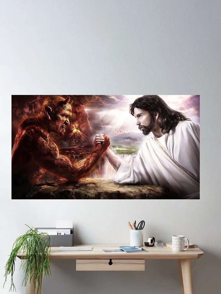 Jesus VS Satan Competition Between Angels, Art Print Silk Poster Home Wall Decor